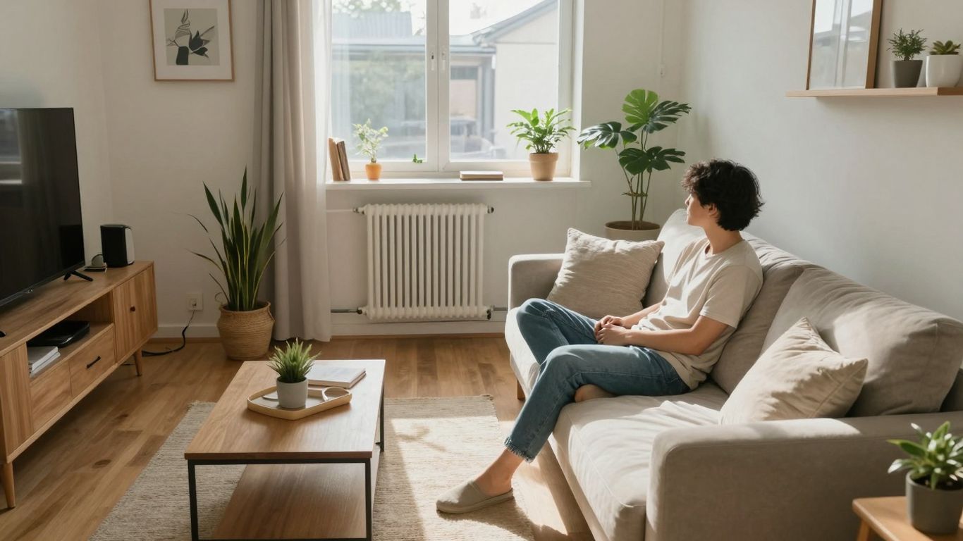 Persona relajada en un apartamento seguro y acogedor.