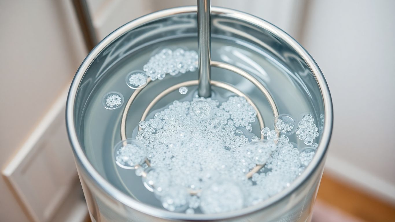 Immersion water heater with rising bubbles in a clear tank.