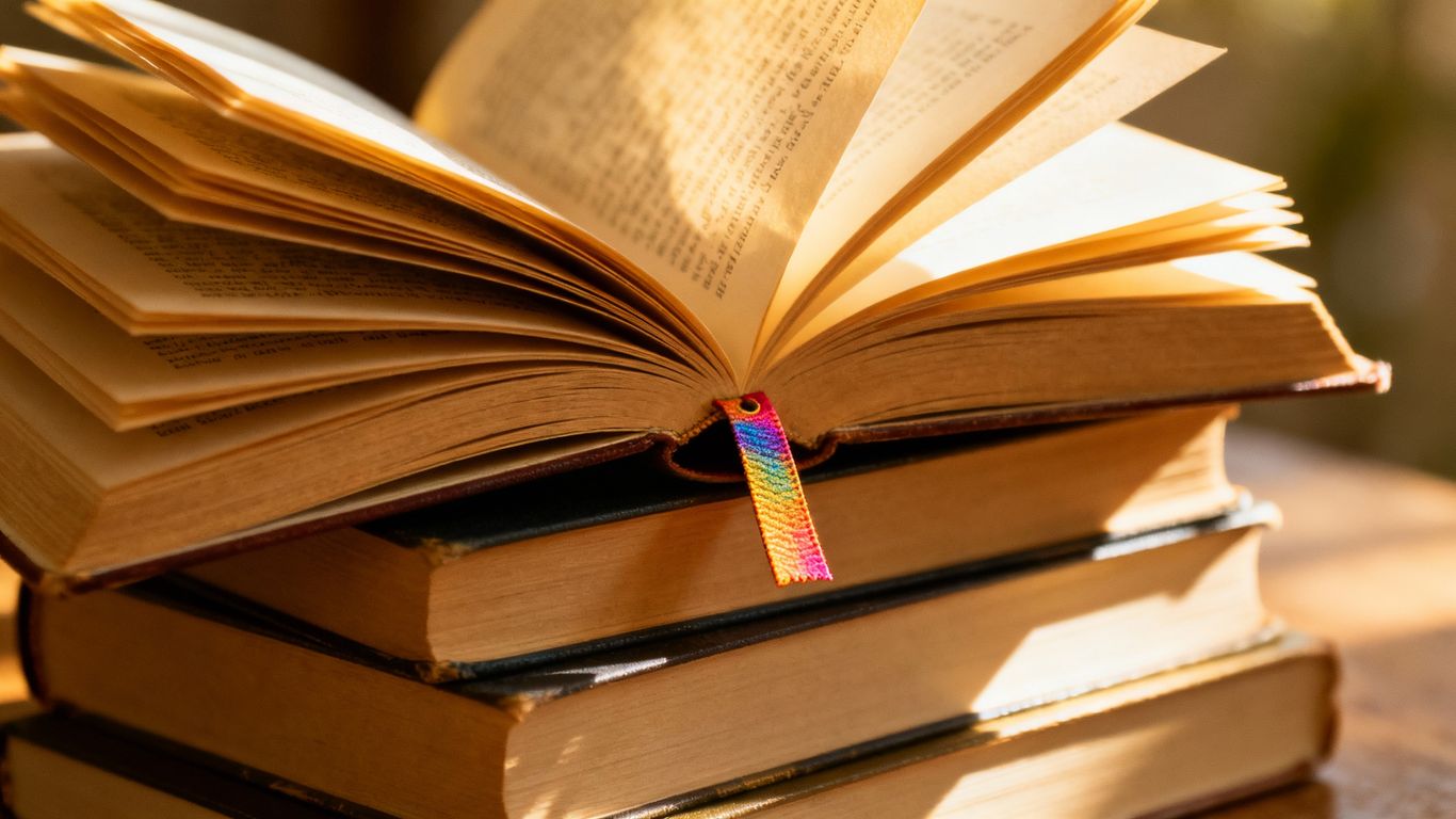 Stack of open books with sunlight and a bookmark.