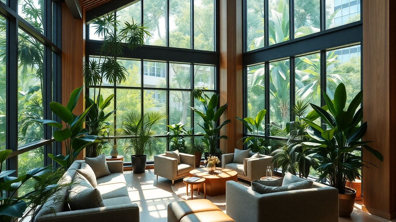 Elegant social club interior with biophilic design elements.