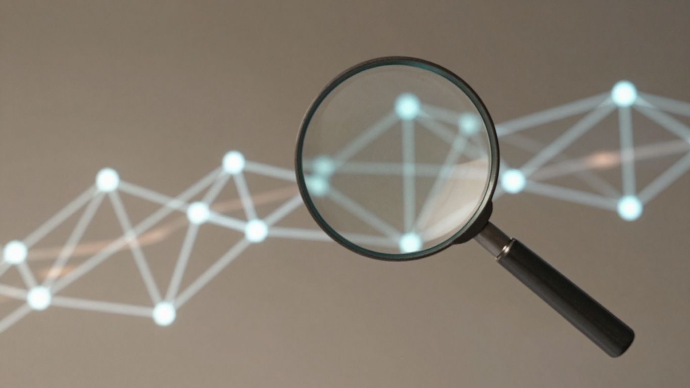 Magnifying glass over blockchain network nodes.