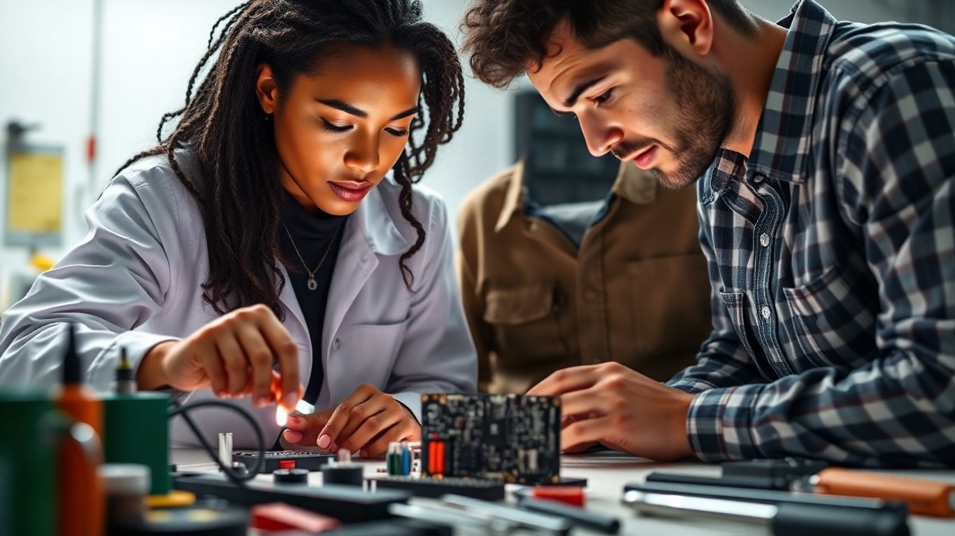 Engineers collaborating on a circuit board design.