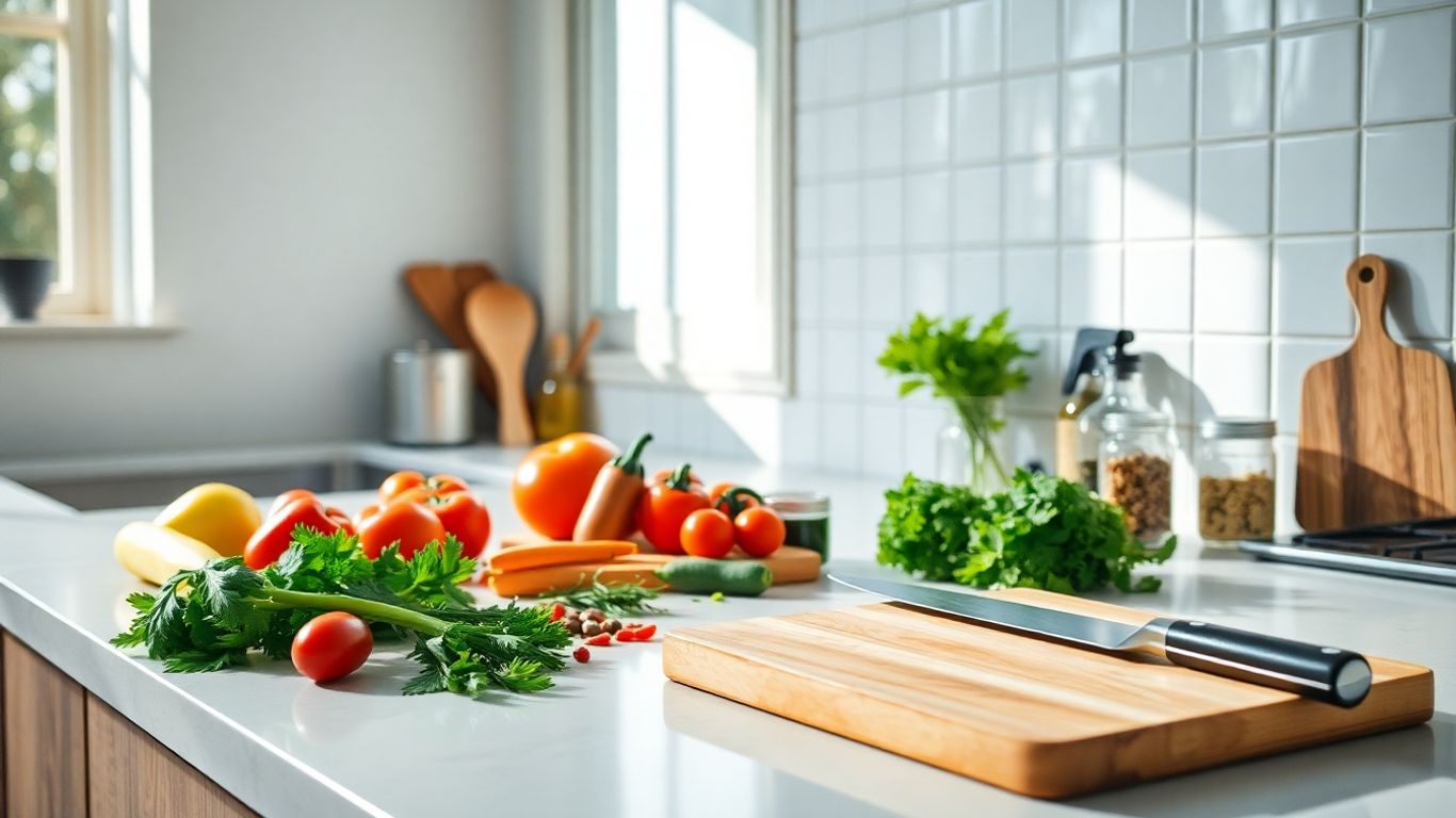 Home kitchen counter with fresh ingredients and cooking tools.