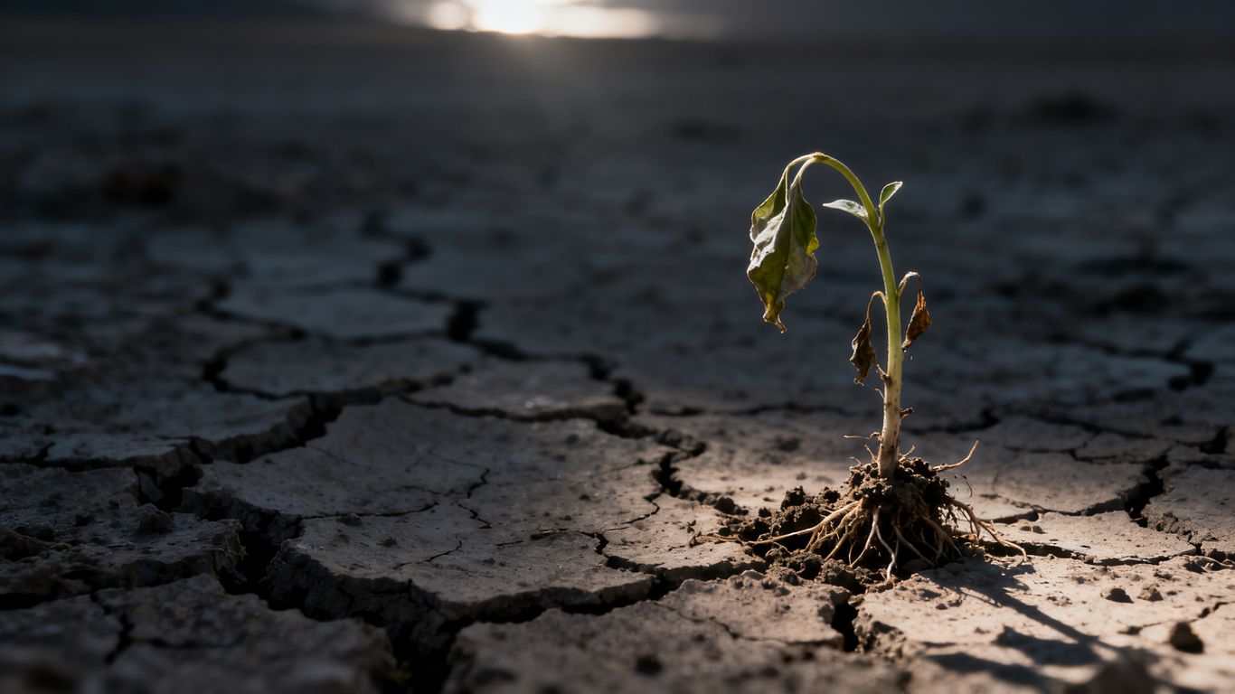 A wilting seedling in dry, cracked earth.