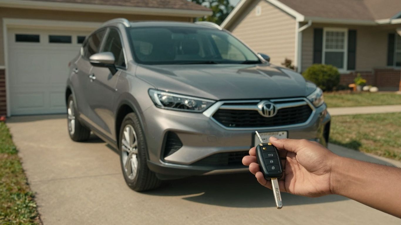Shiny new car with keys in hand.