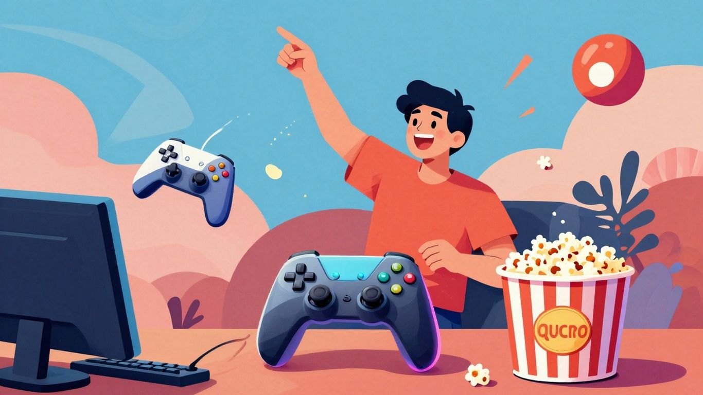 Person enjoying games and popcorn, illustrative style.