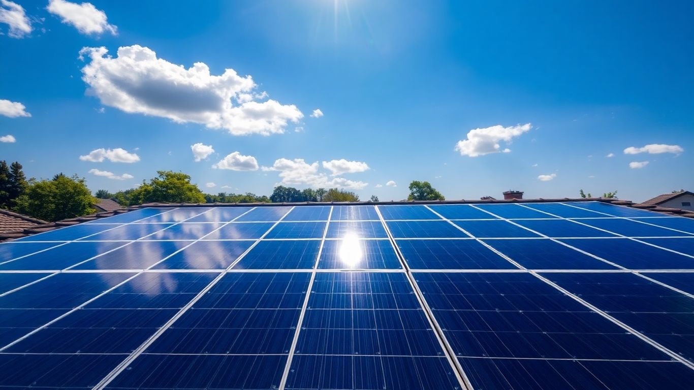 Solar panels on a roof under a blue sky.