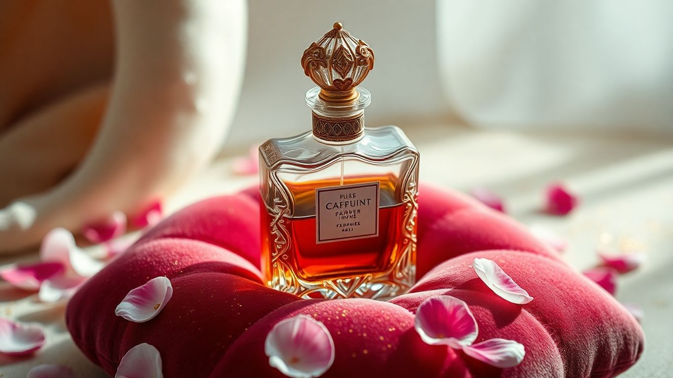 Elegant perfume bottle with flower petals and gold dust.