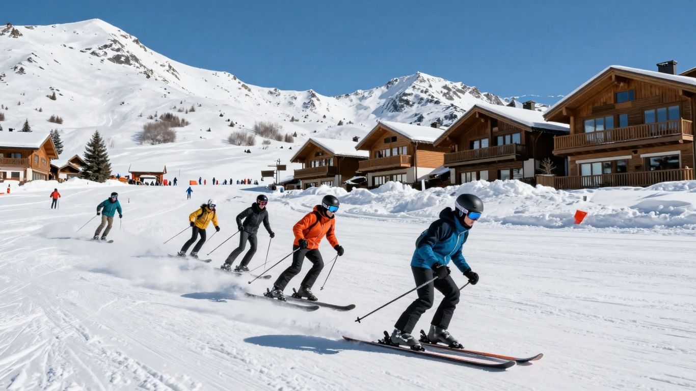 Luxurious Aspen Snowmass ski resort with mountains and skier.
