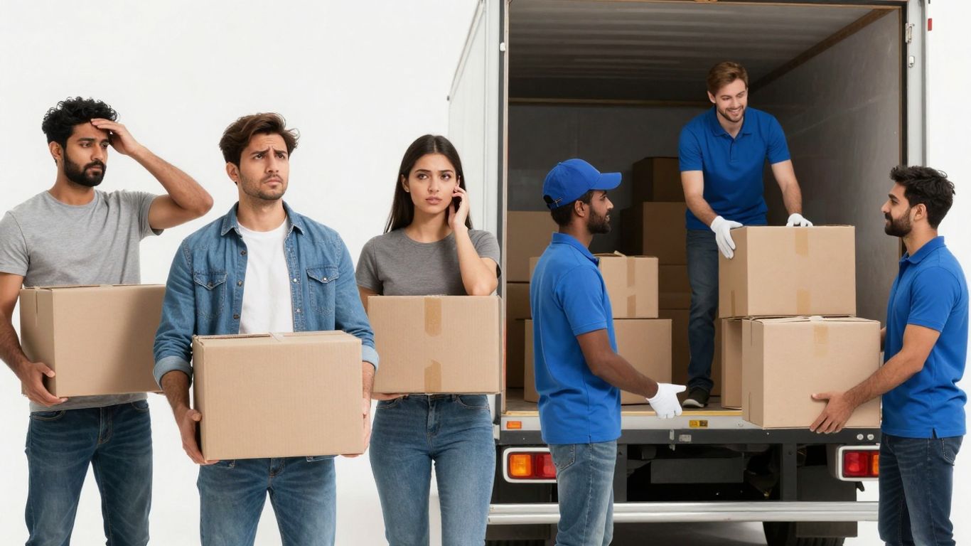 Moving company services comparison: confused people vs. professional movers.