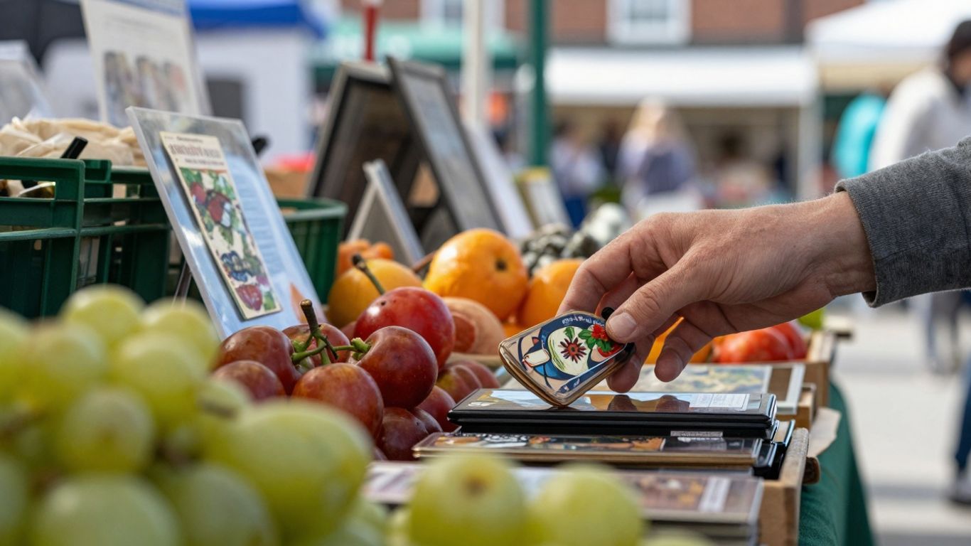 UK street market stall with goods and a hand.