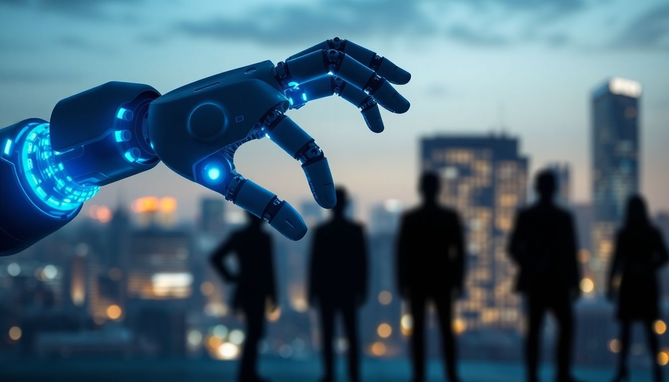 Robotic arm interacting with human silhouettes, symbolizing AI and job cuts.