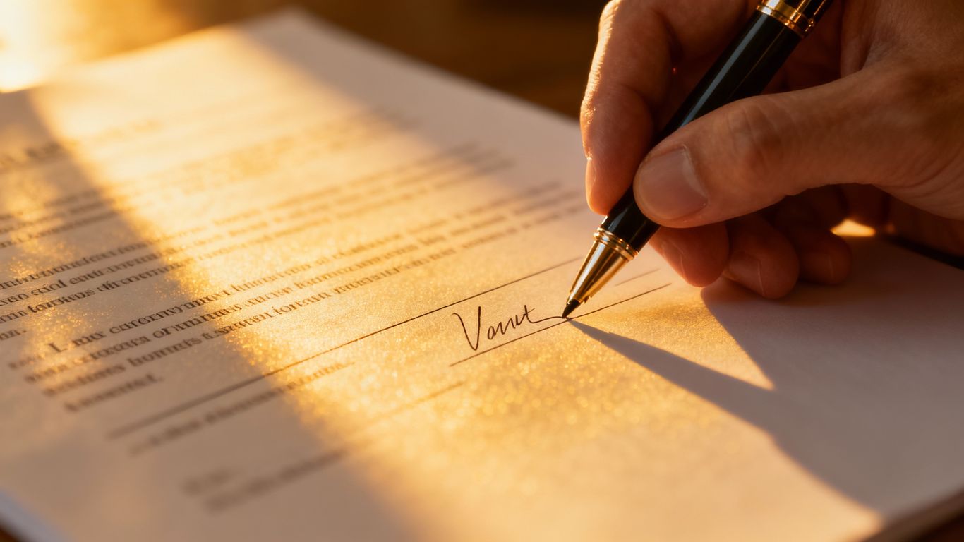 Hand signing a will document with a pen.