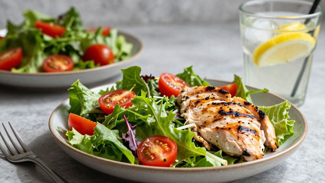 Salada colorida com frango grelhado e água com limão.