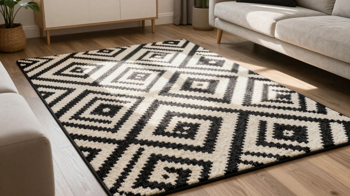 Geometric pattern carpet in a living room.