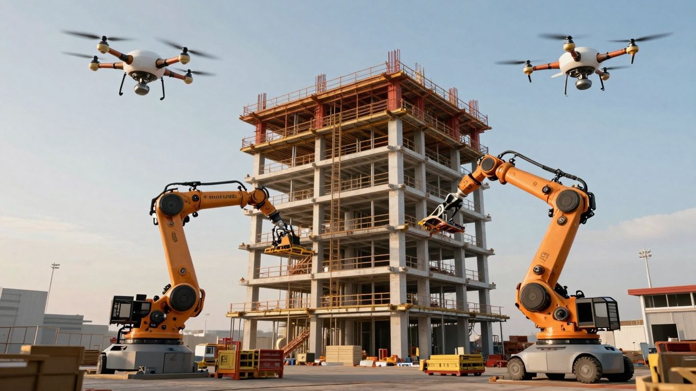 Robots building a futuristic construction site at sunset.