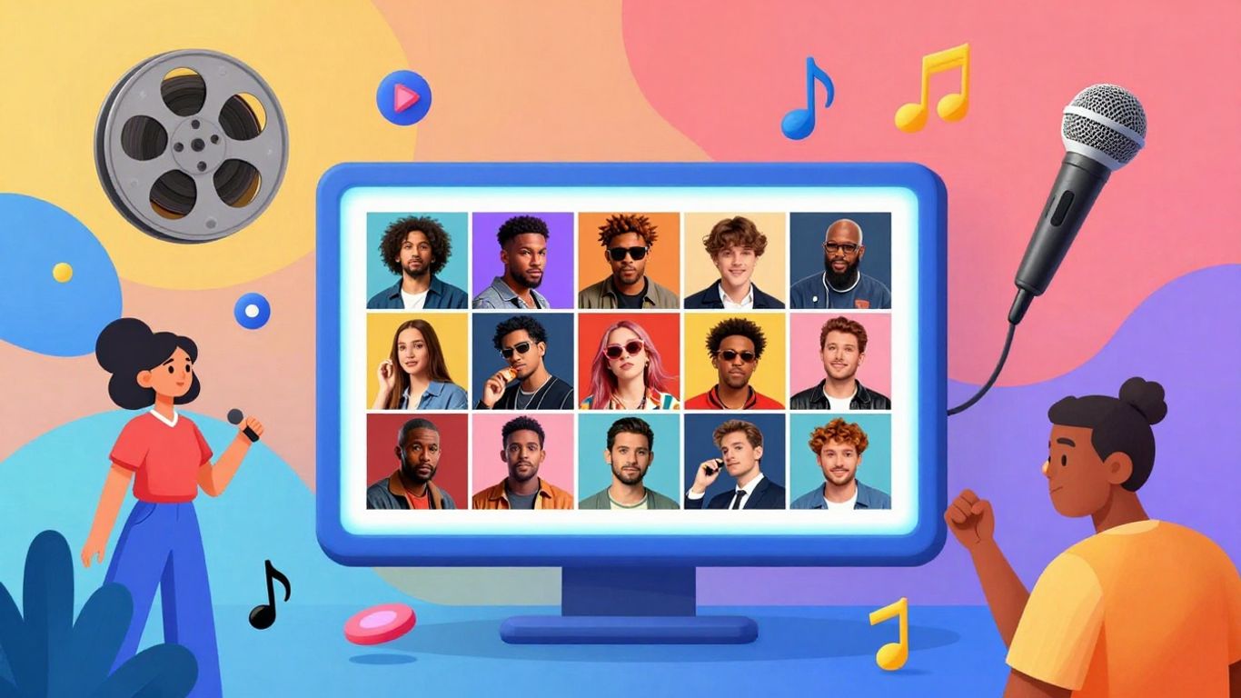 Collage of entertainment icons and moments with a game-like feel.