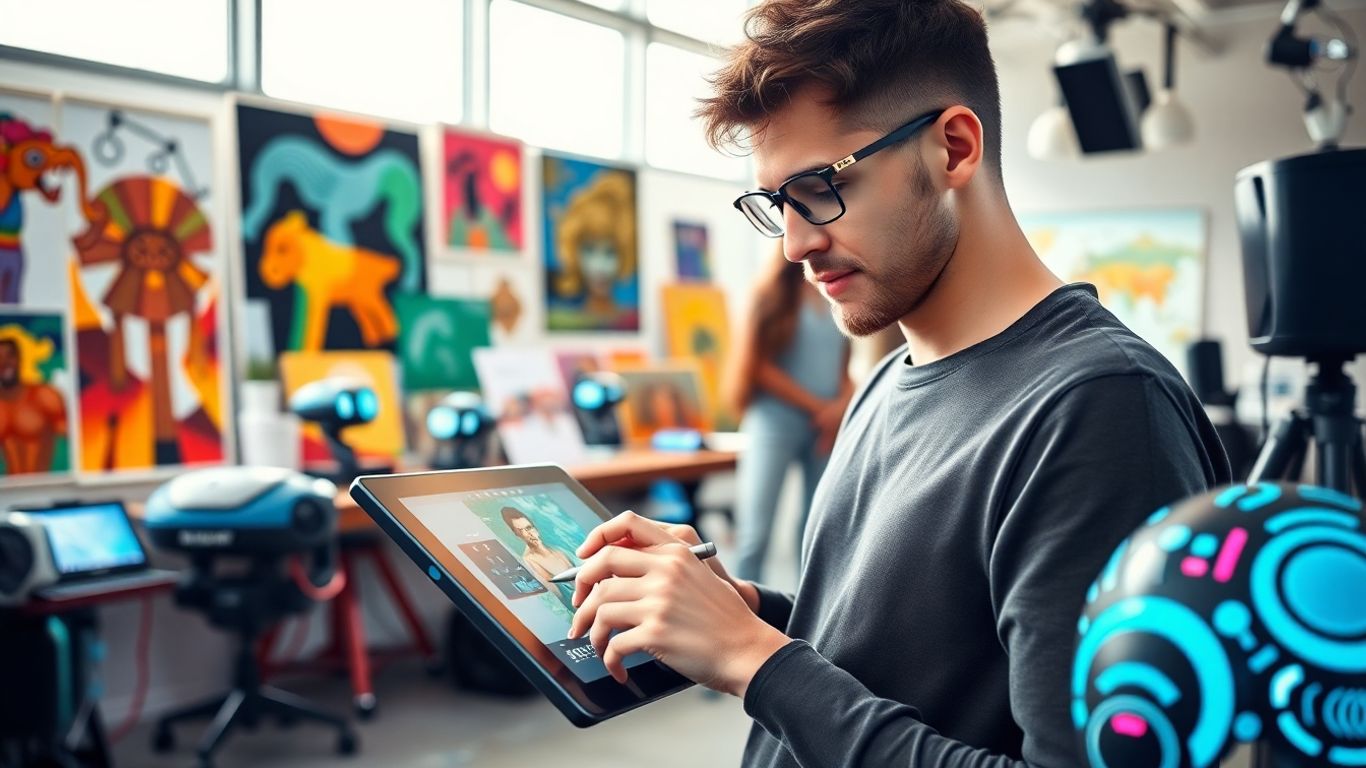 Artist with AI tools in creative modern studio