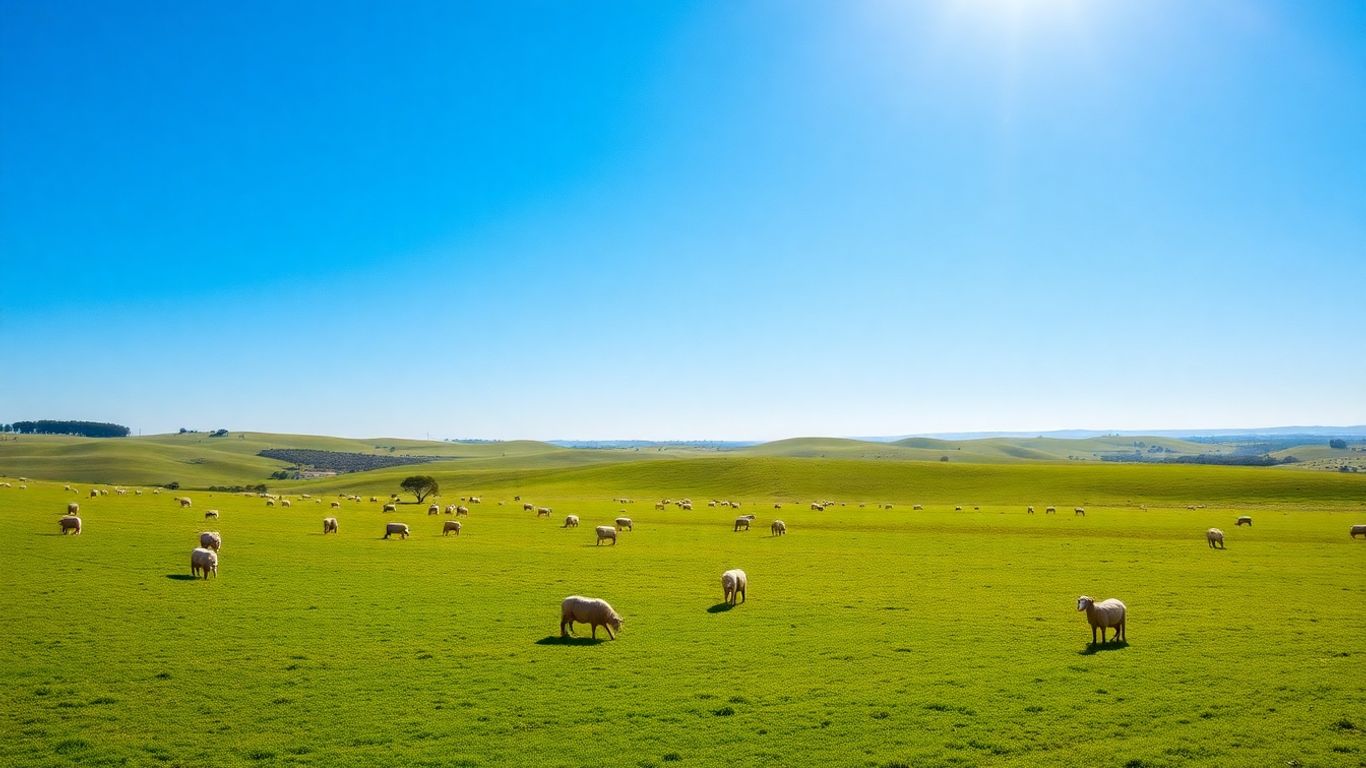 Australian sheep grazing on green hills under a sunny sky.