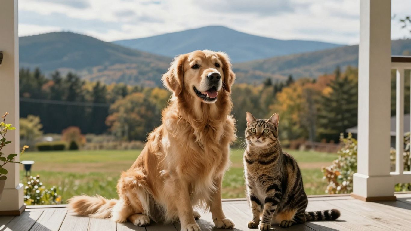 Pets in New Hampshire with scenic background.