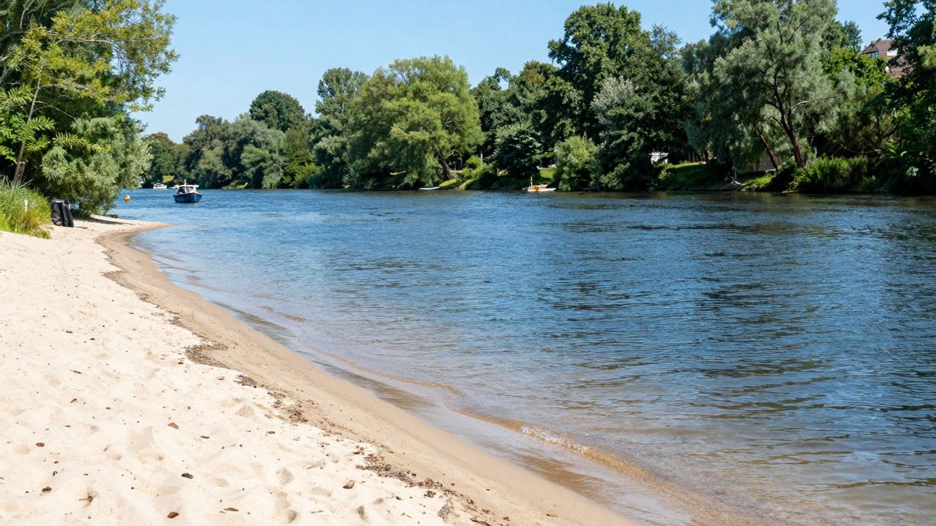 Zomerse oase aan de Amer met strand en boten.