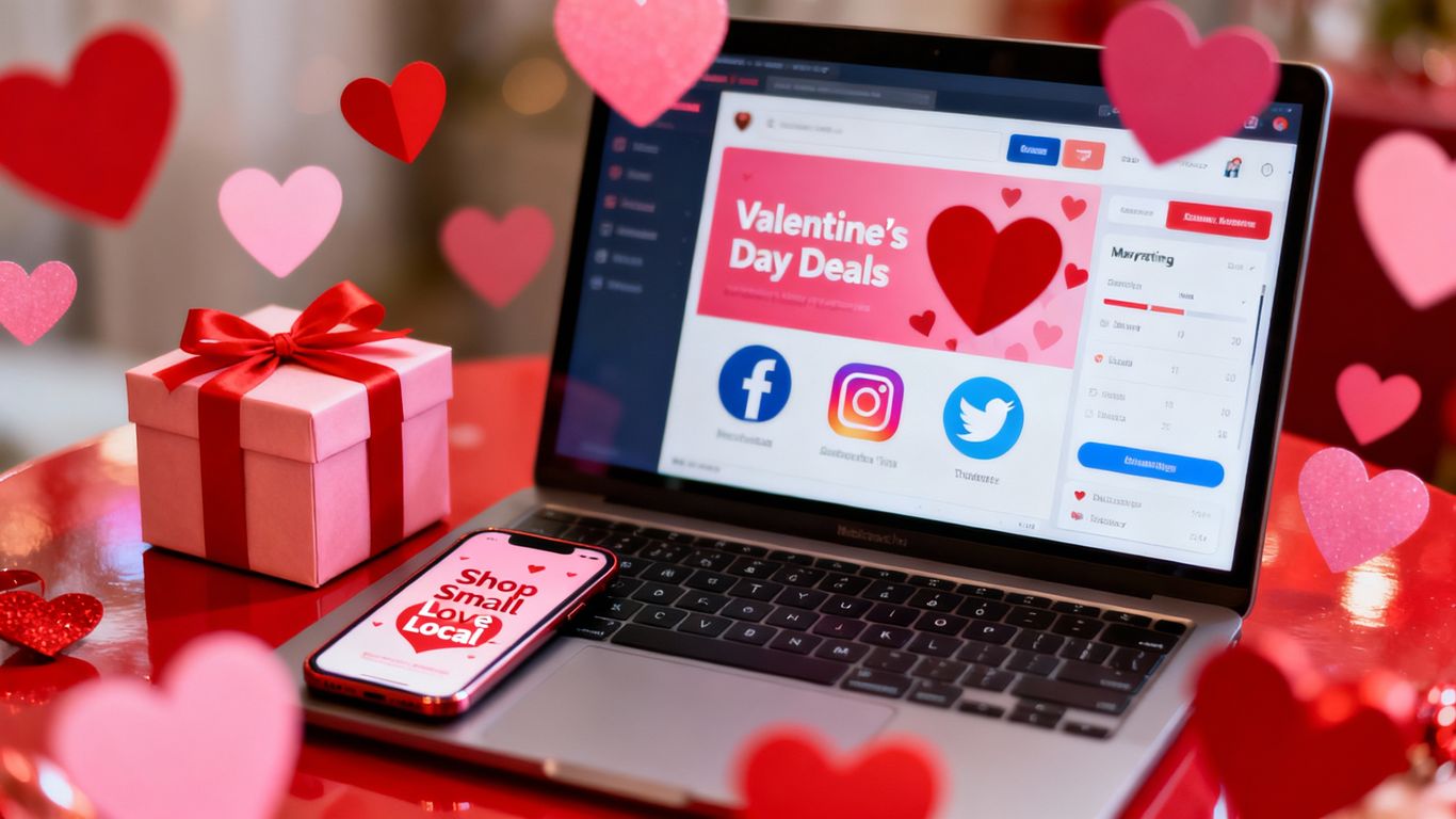 Valentine's Day marketing with hearts, laptop, and gifts.