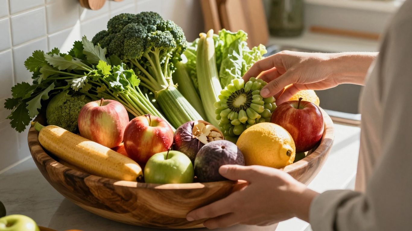 Pessoa escolhendo frutas e vegetais frescos em uma cozinha ensolarada.