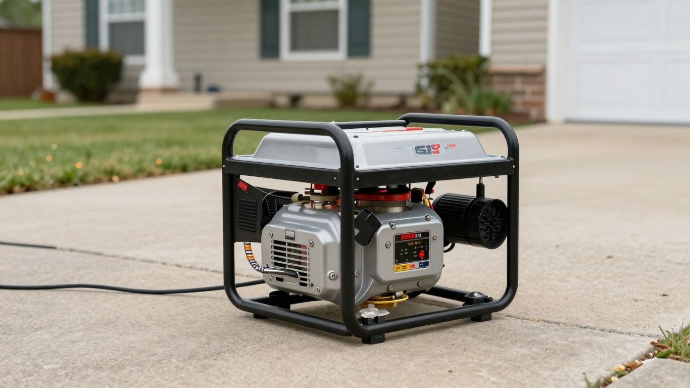Portable generator outside a house with a power cable.
