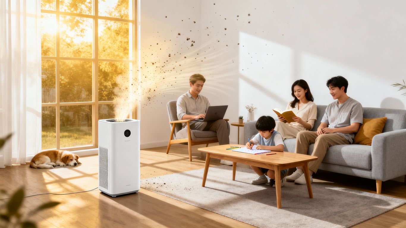 Modern living room with air purifier and happy family.