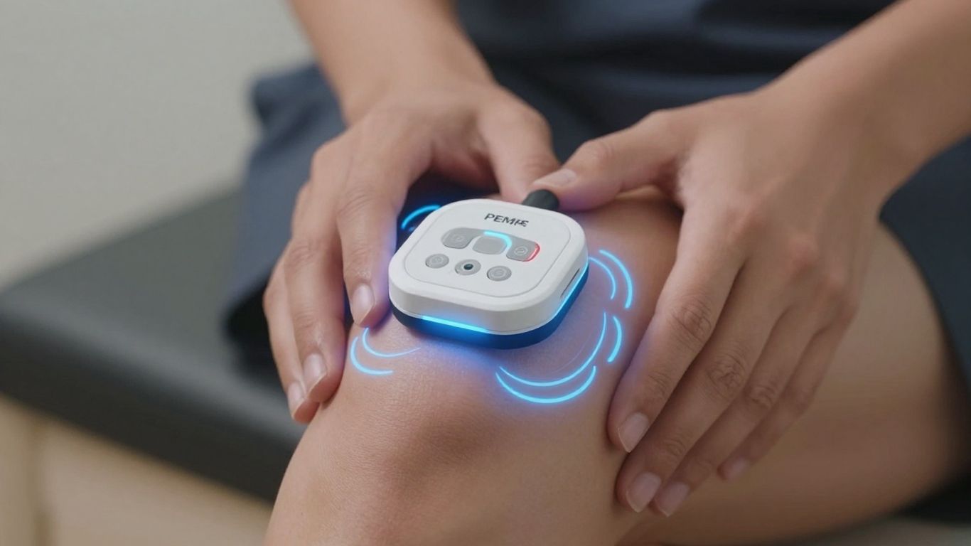PEMF therapy device on a knee for pain relief.