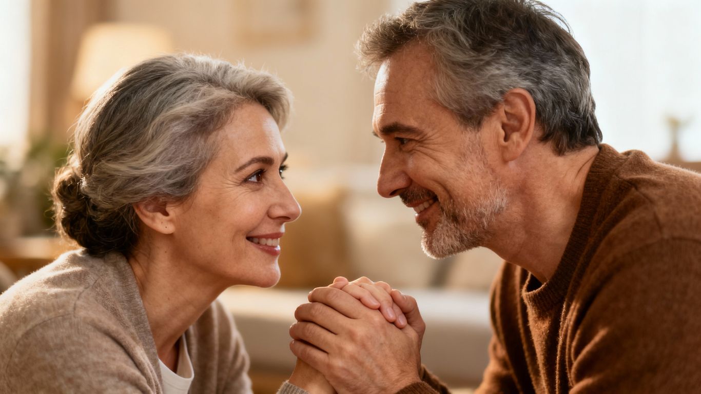 Couple holding hands, showing long-term love.