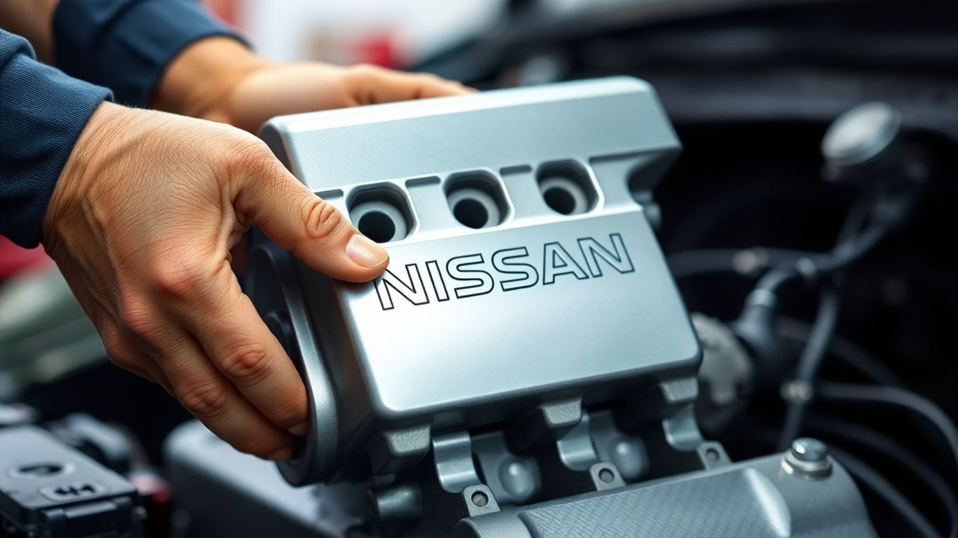 Mechanic inspecting a used Nissan car part.