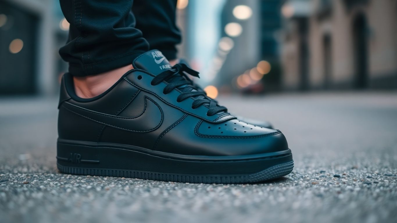 Pantofi sport Air Force 1 negri pe fundal urban.