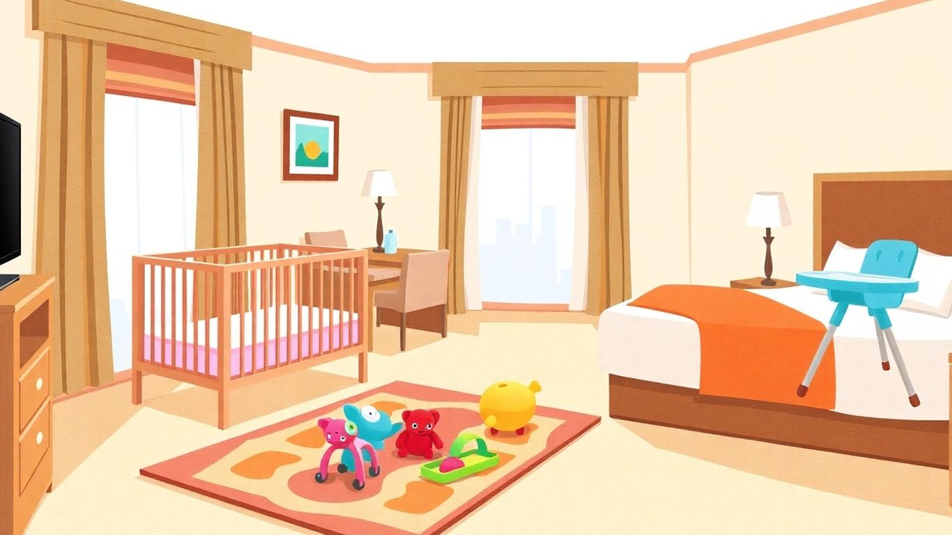 Familienzimmer mit Kinderbett, Spielzeug und Hochstuhl.