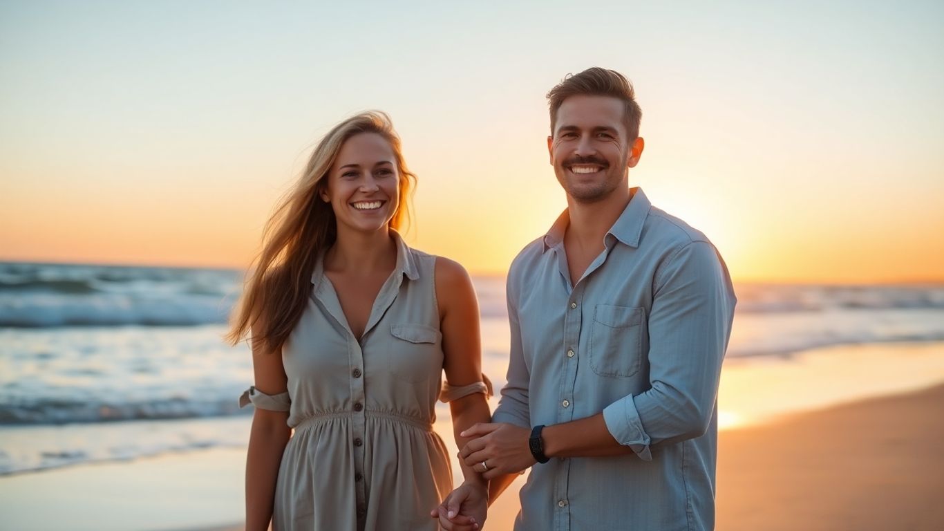 Aussie couple on beach at sunset