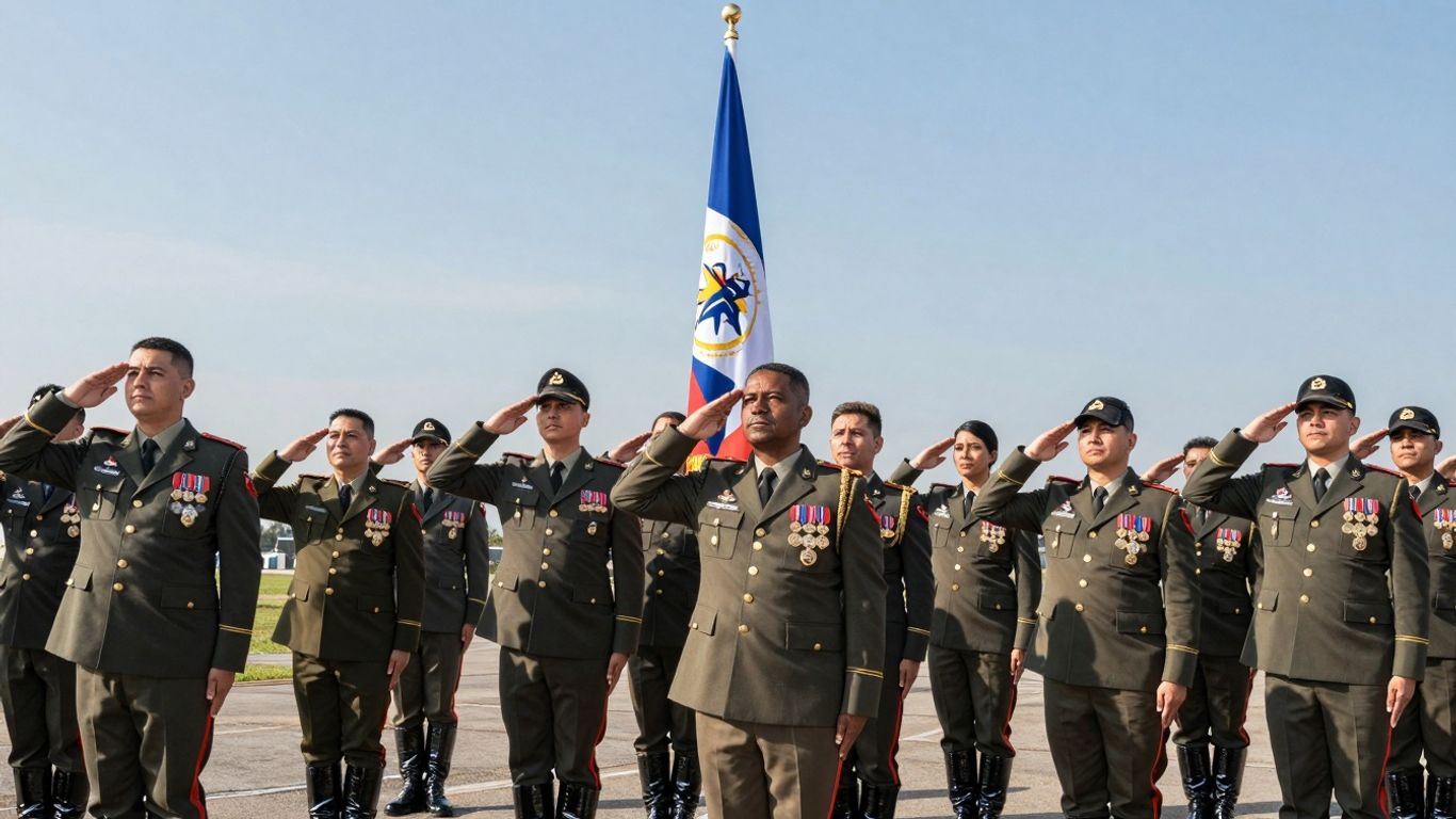 Cetățeni în uniformă, drapel național, echipament militar.