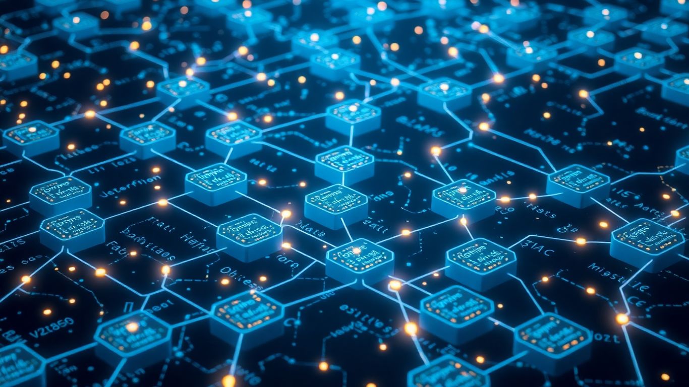 Tablas y datos interconectados en un paisaje digital.