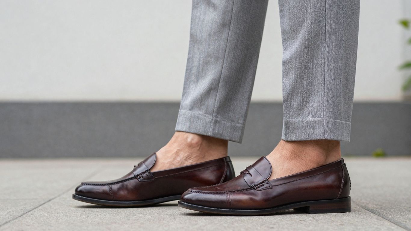Man wearing a suit and penny loafers.