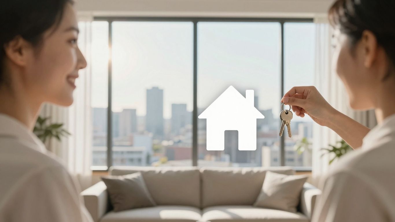 Persona sonriente con llaves y casa segura.