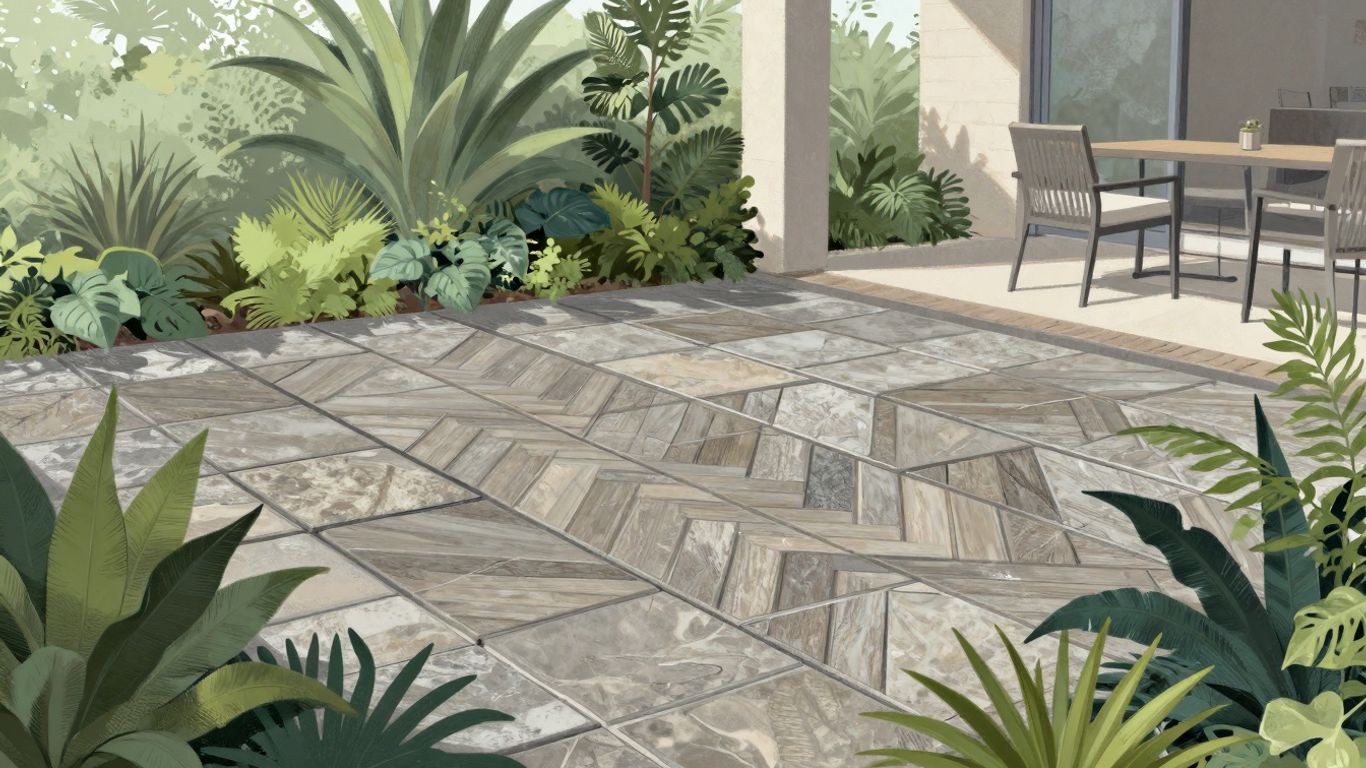 Sketch of a patio with natural stone tiles.