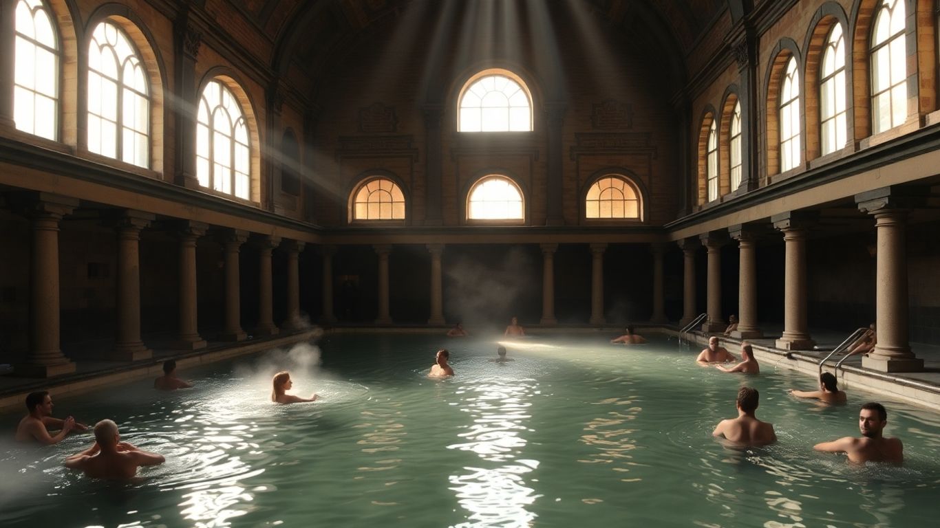 Bains romains antiques avec des gens se relaxant dans l'eau.