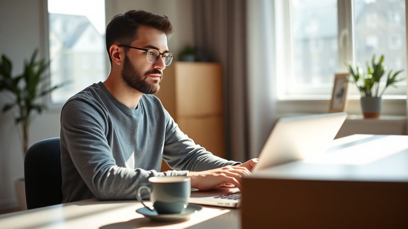 Antreprenor român lucrează la laptop acasă, alege francize online.