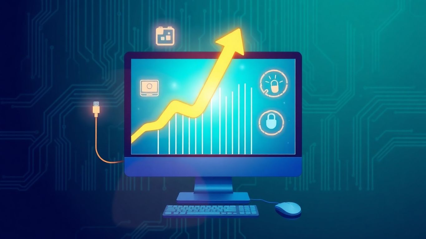 Infographic of computer icons and upward trend arrow.