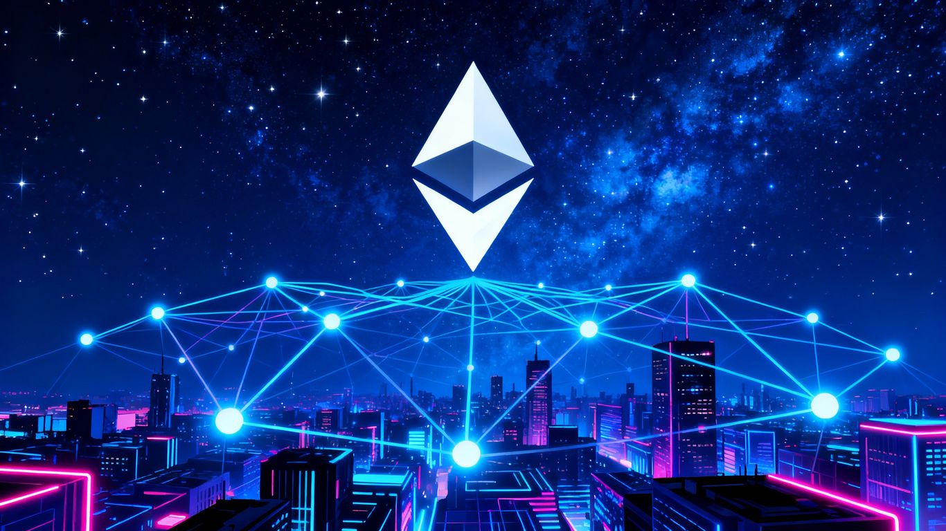 Ethereum logo above a digital cityscape with network lines.