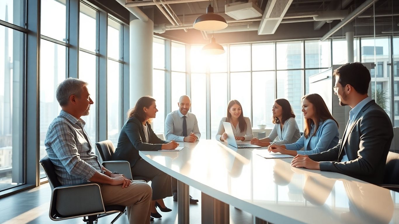 Financial professionals collaborating in a modern office.