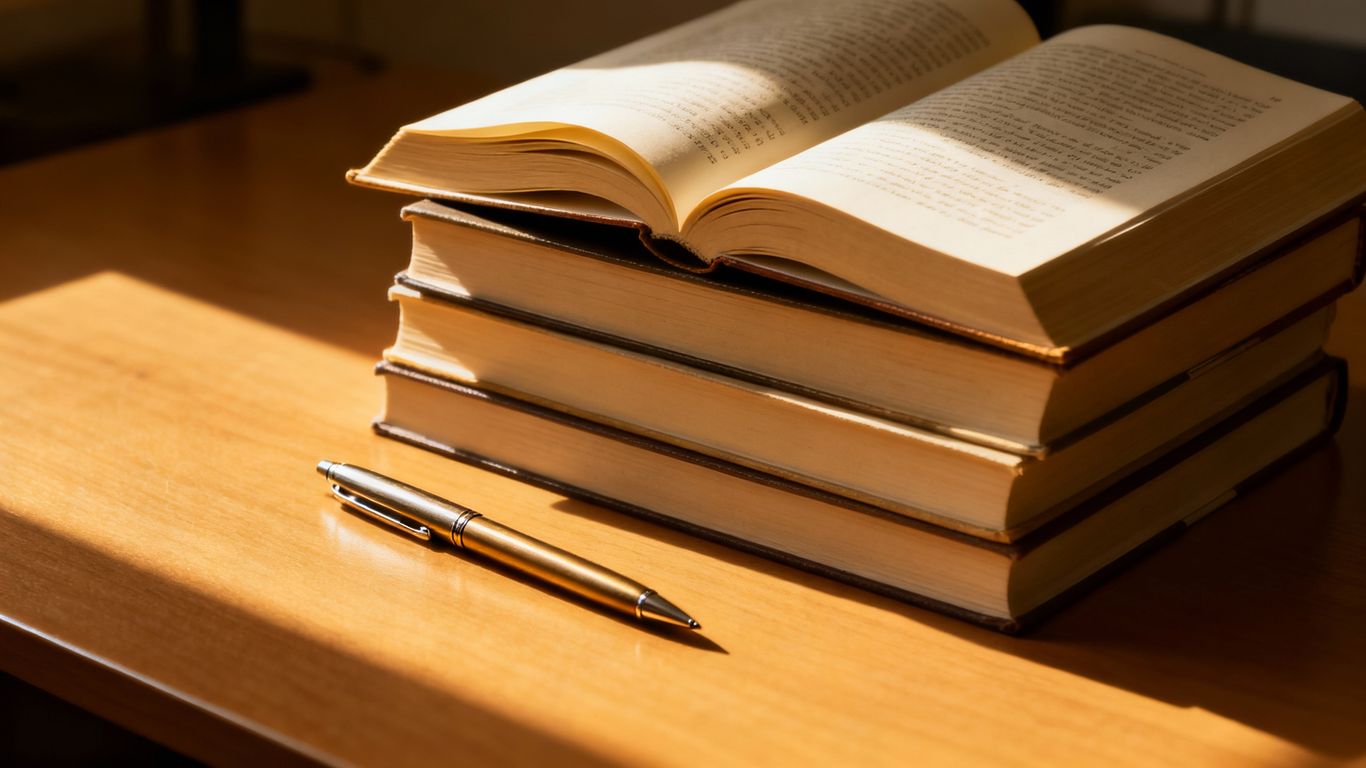 Stack of books on a desk, symbolizing productivity.