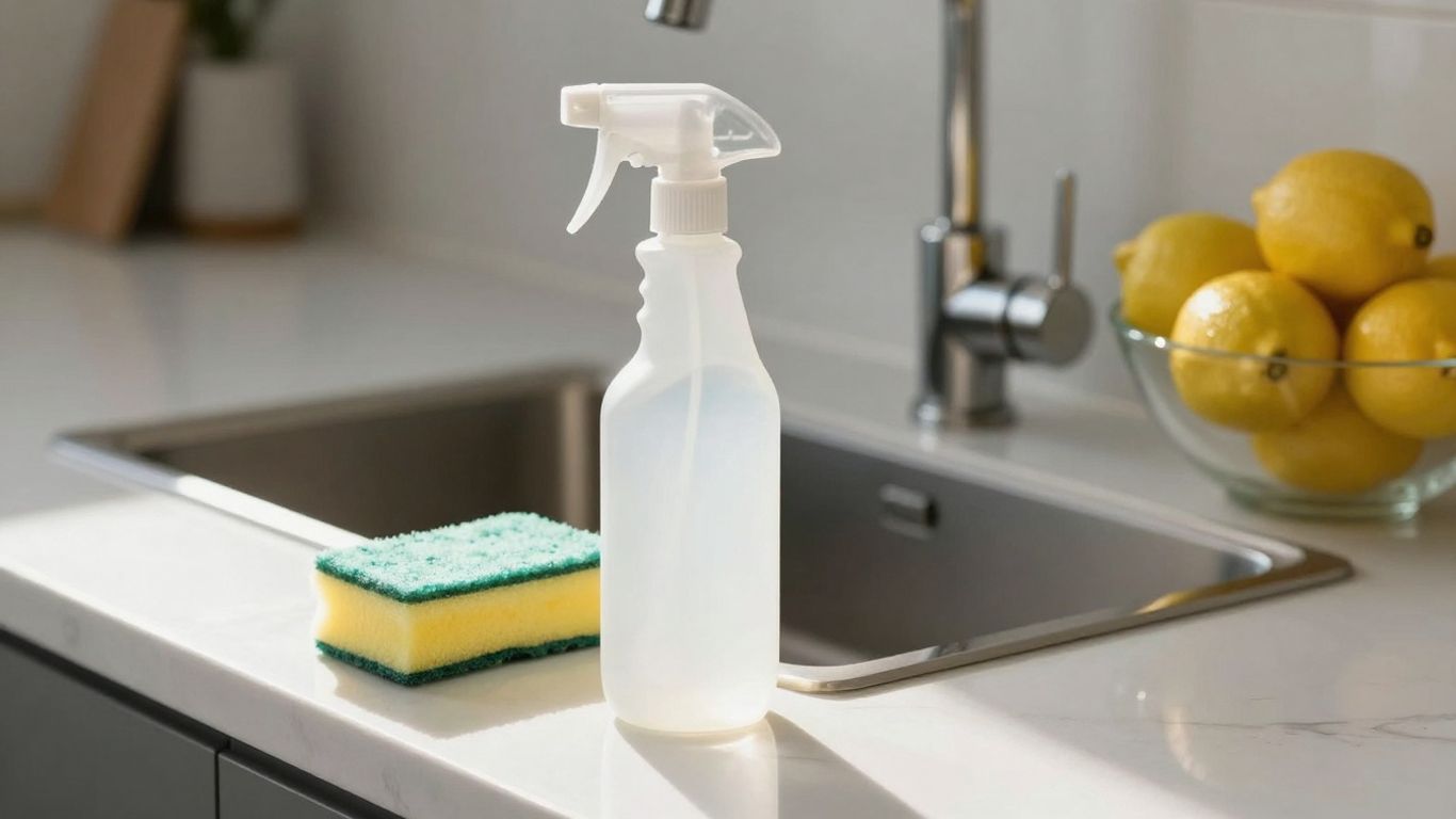 Sparkling clean kitchen counter with vinegar spray bottle and sponge.