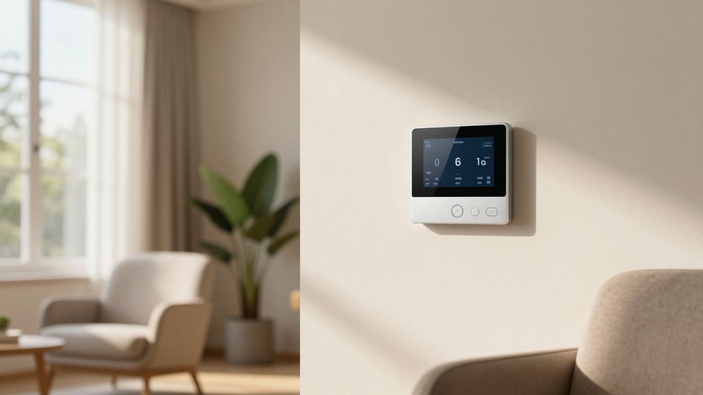 Thermostat mural dans un salon moderne et lumineux.
