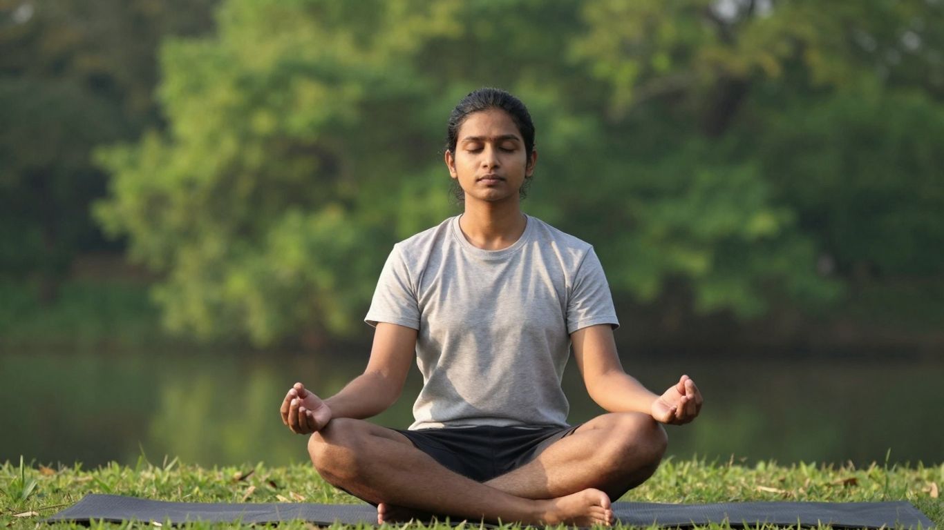 Persoană meditând în natură, simbolizând echilibrul mental.