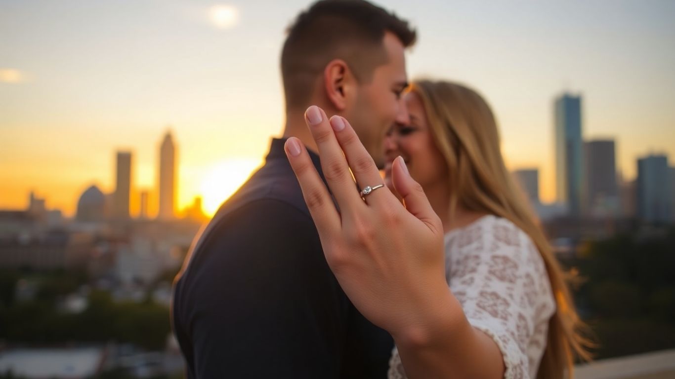 Couple embracing with engagement ring visible, Dallas skyline.